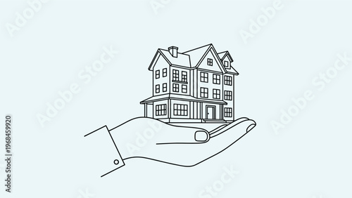 Minimalist line art illustration of a detailed three-story house resting on an open human hand for real estate and home ownership themes.
