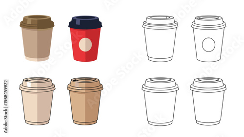 Collection of six disposable coffee cup illustrations in various colors and styles including line art and shaded versions for cafe design.