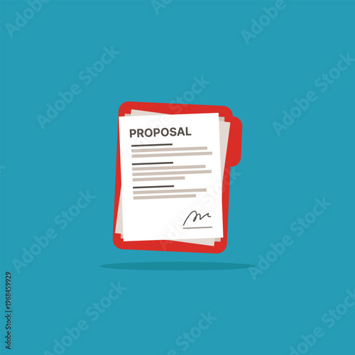 Red folder holds proposal document with signature. Simple photo shows clean, professional design. Flat style suits business or startup themes. Ideal for marketing, presentations, or contract visuals