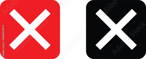 Red and black square icons with white cross symbols for delete or cancel actions on white background. Vector