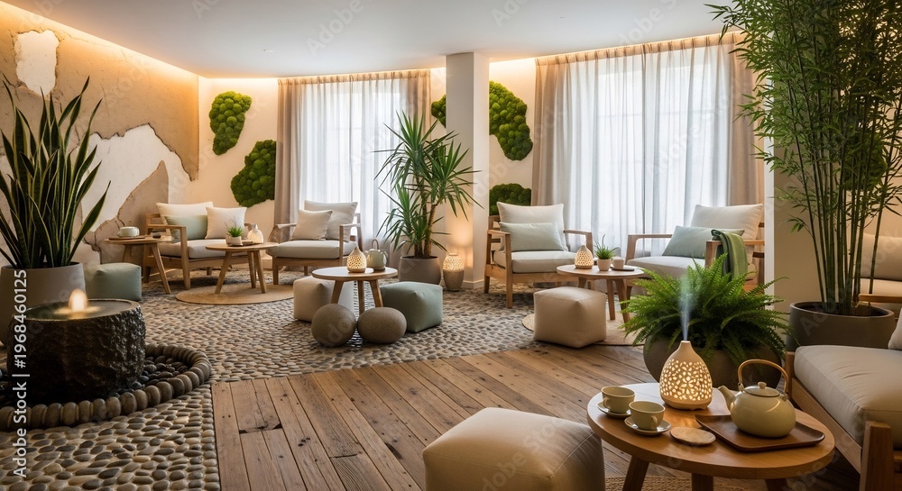 Fototapeta premium Serene Spa Lounge with Natural Elements and Comfortable Seating.