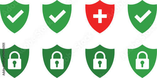 Shield security icon set, black and white vector icons with lock check mark and protection symbols for secure access verification and corporate safety graphics.