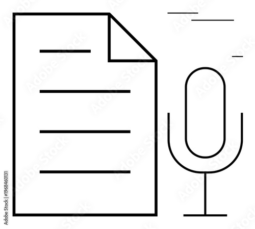 Audio recording, transcription services, speech-to-text conversion, digital communication, content creation, and podcasting. Document and microphone. Audio recording and transcription services