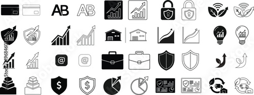 Collection of icons representing business, finance, technology, and security concepts Vector