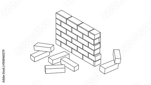 Technical isometric line drawing showing a partially built brick wall with scattered individual bricks around the base.