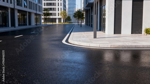 Urban Street with Modern Buildings and Wet Road