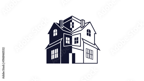 Modern house logo design with split black and white silhouette represents real estate architecture and building construction.