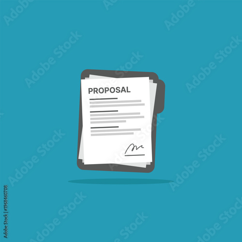 Proposal document floats above teal background. Simple lines indicate text and signature. Flat design style with soft shadows. Ideal for business, startup, or contract visuals