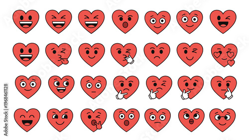 Set of heart shaped emoticons with various facial expressions and emotions including happy sad angry and surprised faces.