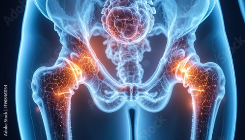 Human Hip Joint Anatomy: Femur, Pelvis, and Nerve Connections Rendered in Blue and Orange Detail
