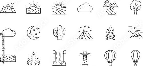 Linear nature icons. Landscape related icons.
