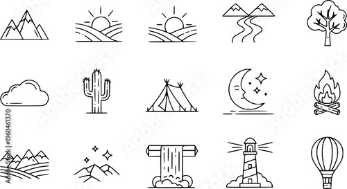 Linear nature icons. Landscape related icons.