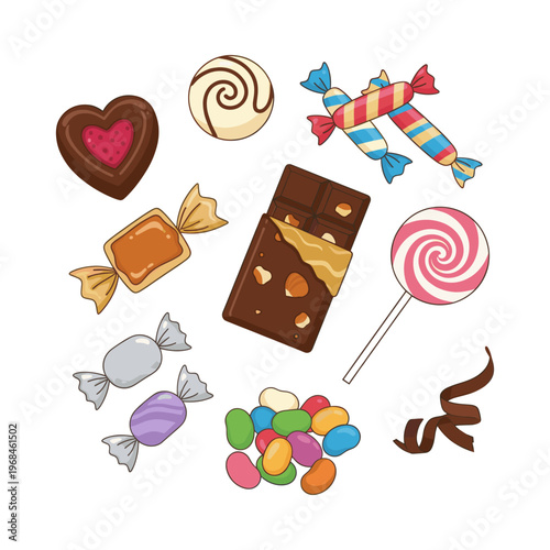 Assortment of various wrapped candies, chocolate, lollipop, and bulk jelly beans creating a sweet food background