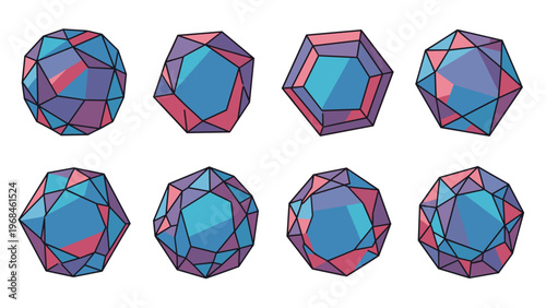 Collection of stylized blue and pink gemstones and crystals with geometric facets for jewelry and luxury design elements.