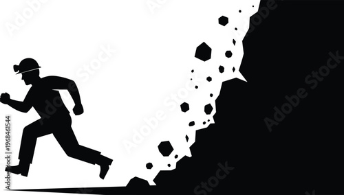 Silhouette of worker running from falling rocks landslide danger construction hazard concept isolated on white background representing risk safety emergency escape and industrial accident