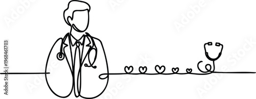 Continuous line drawing of a doctor with a stethoscope and a dog on a leash with hearts