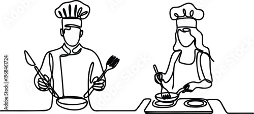 Chef and chefette cooking in kitchen with pots and utensils  preparing food together in line art style