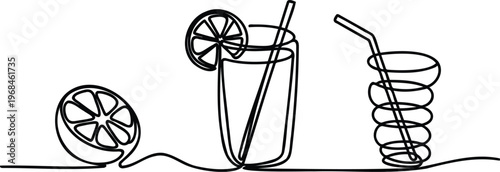 Continuous line drawing of a refreshing drinks setup with glasses straws and sliced citrus fruits on a table
