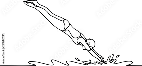 Continuous line drawing of a person diving into water with arms and legs stretched out in a swimming motion  one line art