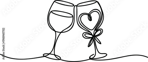 Continuous line drawing of two wine glasses with heart shape tied with ribbon on transparent background for wedding or romantic occasion