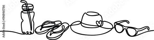 Continuous one line drawing of summer accessories and drink bottle on white background  vacation and leisure concept