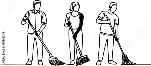 Three janitors sweeping with brooms in cleaning uniforms and gloves in a line on a transparent background for floor maintenance