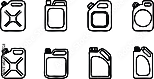 Set of various oil cans and petrol plastic containers  isolated on transparent background