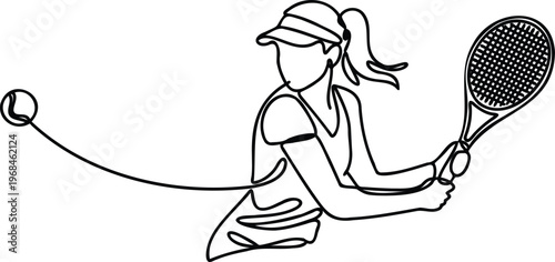Woman in visor hitting tennis ball with racket in motion  dynamic action scene in one line drawing style