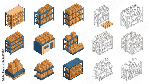 Isometric warehouse racks and shelves set with cardboard boxes and outlines representing logistics and storage systems.
