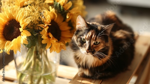 Sunflowers, vase, cat on wooden coffee table indoors, cozy home interior, floral decoration, pet lifestyle, sunlight ambiance, still life composition, warm living space with copy space