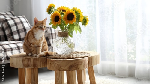 Sunflowers, vase, cat on wooden coffee table indoors, cozy home interior, floral decoration, pet lifestyle, sunlight ambiance, still life composition, warm living space with copy space