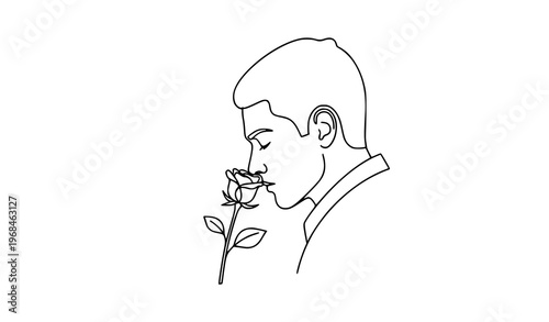 Minimal Line Man Smelling Flower – Rose Scent Outline Vector Icon