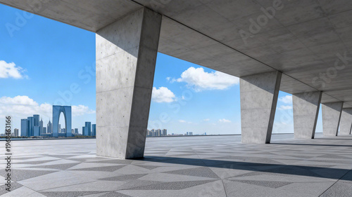 Concrete Structure with City Skyline and Blue Sky