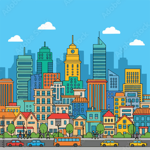 Colorful illustrated cityscape featuring buildings, cars, pedestrians, and clouds