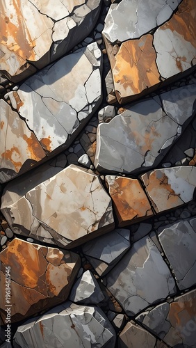 Cracked stone wall with orange rust.
