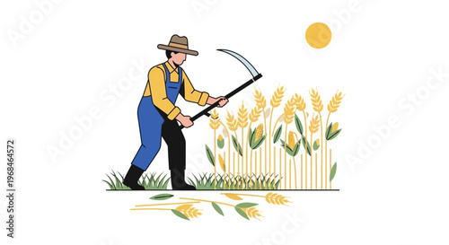 Man harvesting wheat with sickle tool.