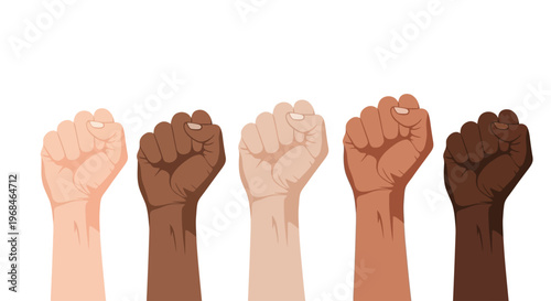Diverse hands raised in solidarity together.