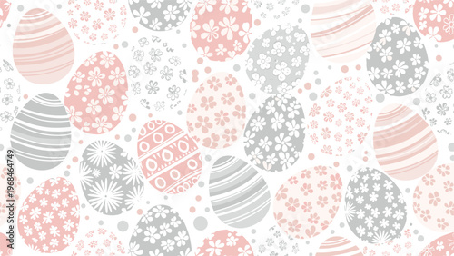 Easter eggs seamless pattern with delicate floral and stripe patterns in soft pink gray and white colors for springtime.