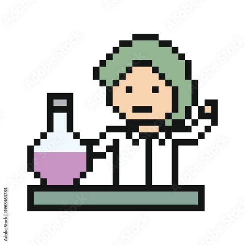 Cartoon doctor or scientist in uniform medicine specialist 8 bit with hospital,lab,pharmacist,pixel.