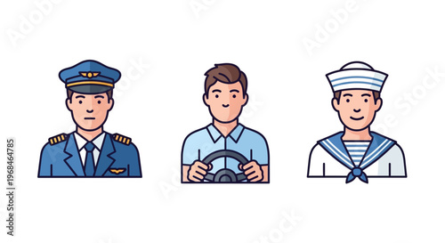 Three men in different uniforms smiling.