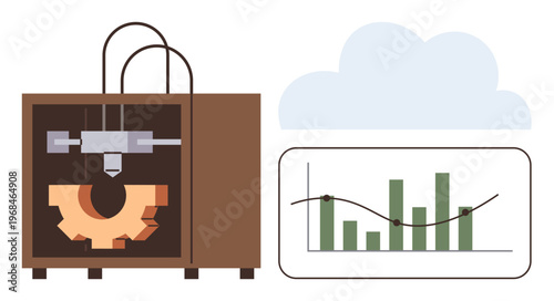 3D printing, manufacturing, data analysis, industry, innovation, technology. A 3D printer with a gear and a chart displaying analytics. 3D printing and manufacturing innovation concept
