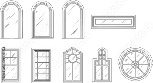 Architectural window collection vector illustration line art classic arched frames glass panels facade design decorative elements modern minimal style