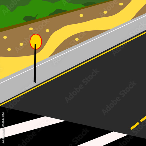 Winding Road Through Nature with Reflective Traffic Marker