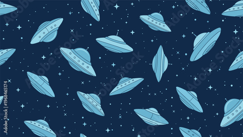 Science fiction seamless pattern with blue flying saucers and UFOs in a starry night sky for space enthusiasts.