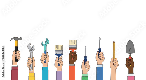 Diverse hands holding various tools.