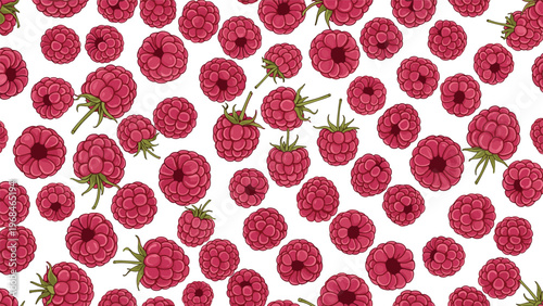 Fresh raspberry fruit seamless pattern with many ripe berries scattered on a white background for a sweet summer theme.