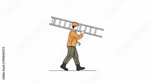 Man carrying a long metal ladder.