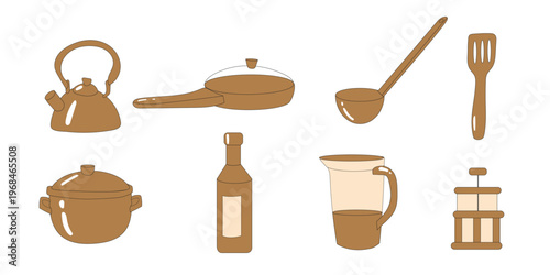 Minimalist kitchen utensils vector set in warm brown tones, including kettle, pan, pot, ladle, spatula, bottle, pitcher, and French press on light background.