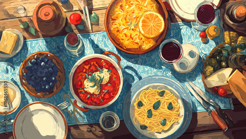 A vibrant table setting with various dishes and glasses on a blue tablecloth viewed from above
