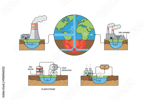 Diagram illustrating various geothermal energy and heat pump systems, including power generation, direct use, and different extraction cycles